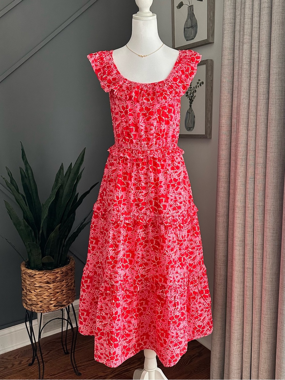 J. Crew Pink and Red Floral Ruffle-Trim Midi Dress